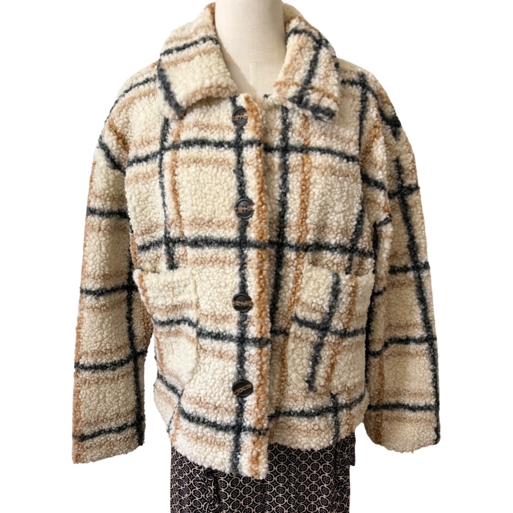 Stoosh Plaid Sherpa Fleece Jacket Cream Tan‎ Black Button Front Womens S